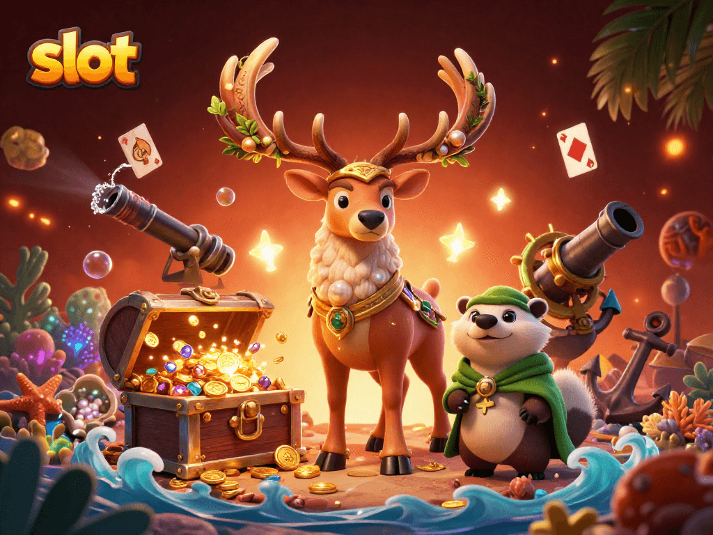 Engage in dynamic slot gaming with vibrant symbols and treasure in this vibrant illustration.