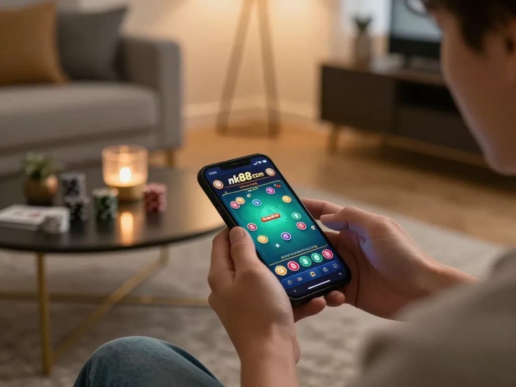 Enjoying mobile gambling experience at nk88 com with engaging poker interface in a cozy home setting.