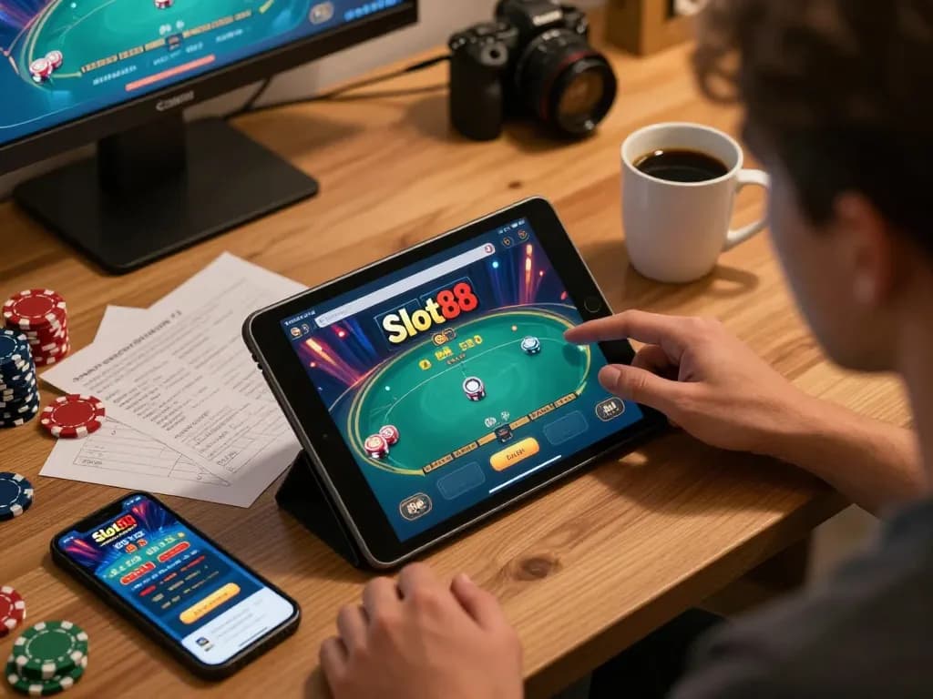 Engaging scene of Slot88 online gaming setup with strategic notes and poker chips.