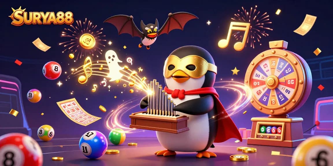 SURYA88 features a golden organ-playing penguin in a lively casino scene with lottery elements.