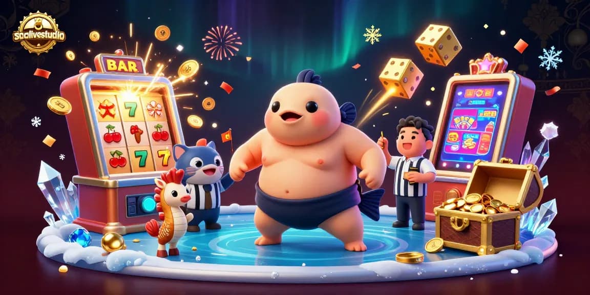 Socolivestudio showcases a vibrant casino scene with a puffed blowfish and lively games.