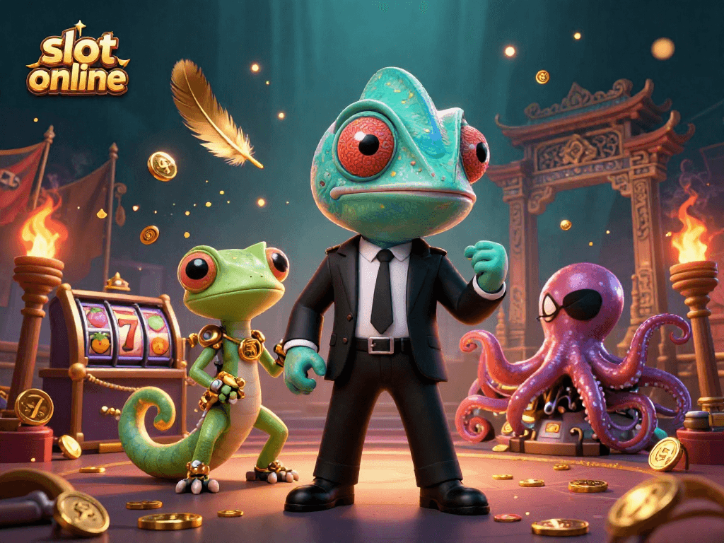 Engage in slot online fun with a vibrant 3D casino scene featuring cartoon characters and dynamic game elements.