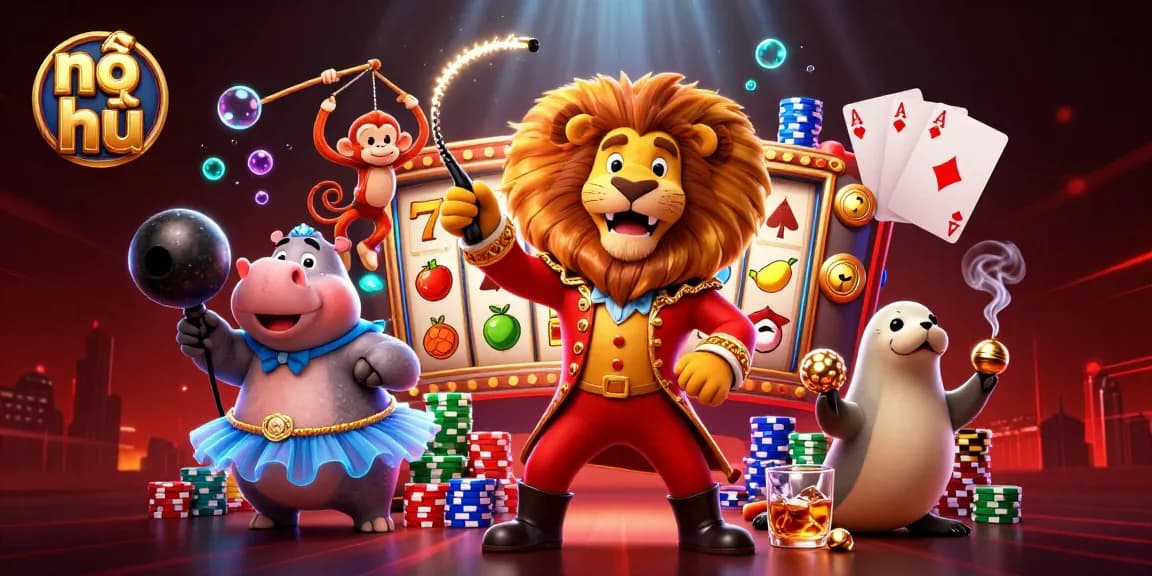 Nổ hũ jackpot explosion with 3D circus characters showcasing vibrant slot game excitement.