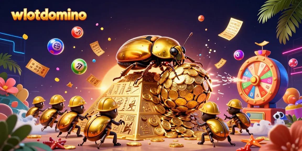 Menang di lotere menggunakan wslotdomino dengan pentingnya simbol kasino dan bola nomor warna-warni.
