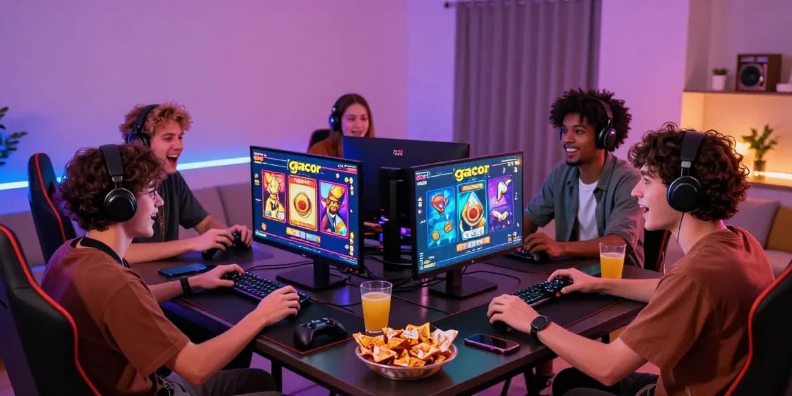 Group of friends playing slot gacor games in a vibrant gaming hub.