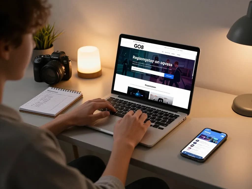 Register to go8 during a cozy online gaming session at home, with a laptop and app on display.