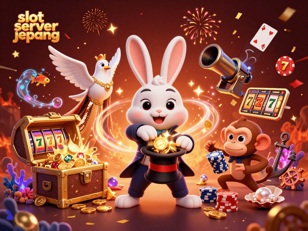 Spin slots win big with slot server jepang, featuring dynamic casino characters and golden coins.