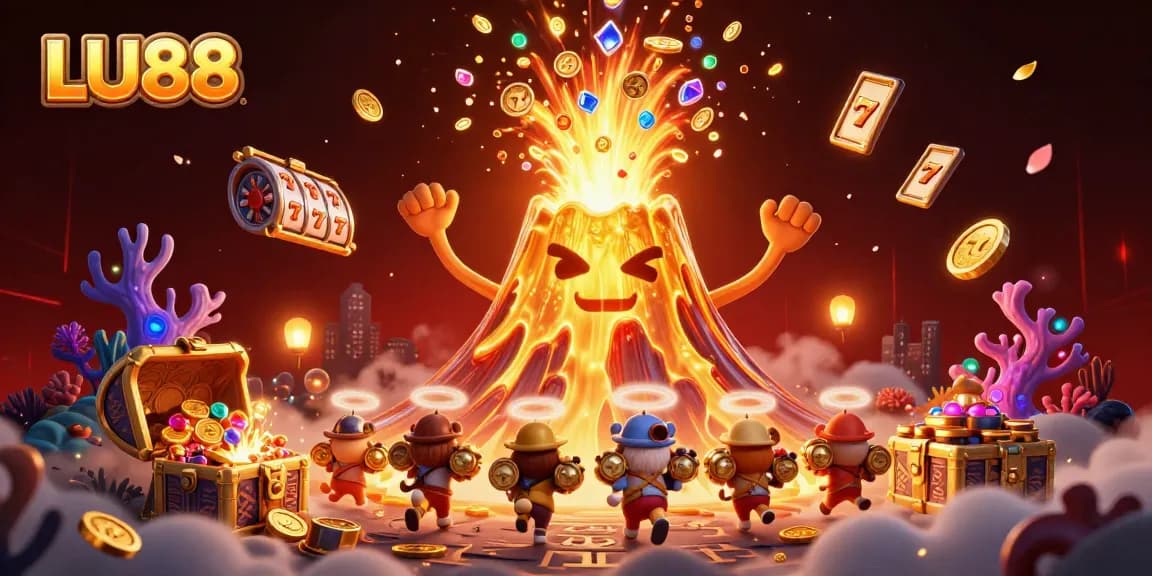 LU88 showcases a vibrant illustration of a golden volcano, with treasures and exciting casino elements bursting forth, evoking thrilling gameplay.
