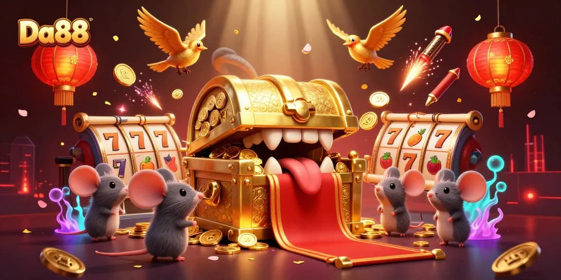 Engage with Da88 as adventurer mice are lured by a golden treasure chest amid vibrant casino elements.