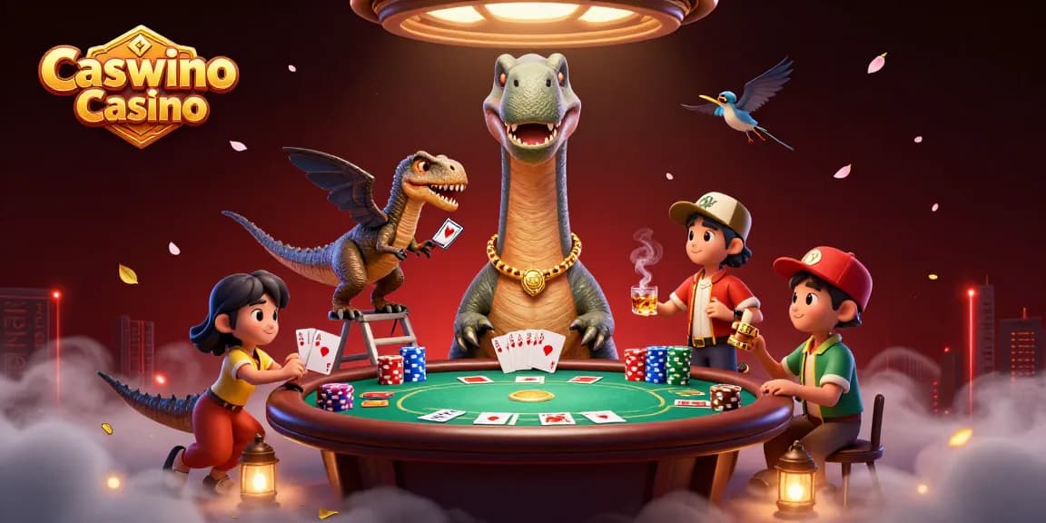 Engage with the vibrant Caswino Casino scene featuring a humorous dinosaur and raptor card dealer.