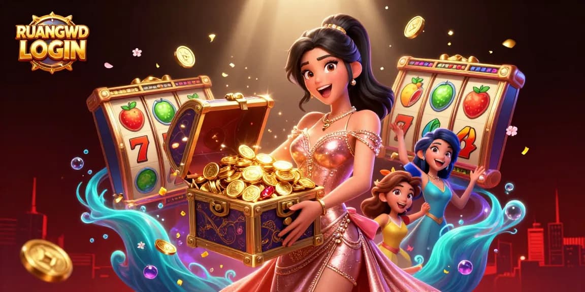 Experience the excitement of RUANGWD LOGIN with a stunning illustration featuring casino themes and treasures.
