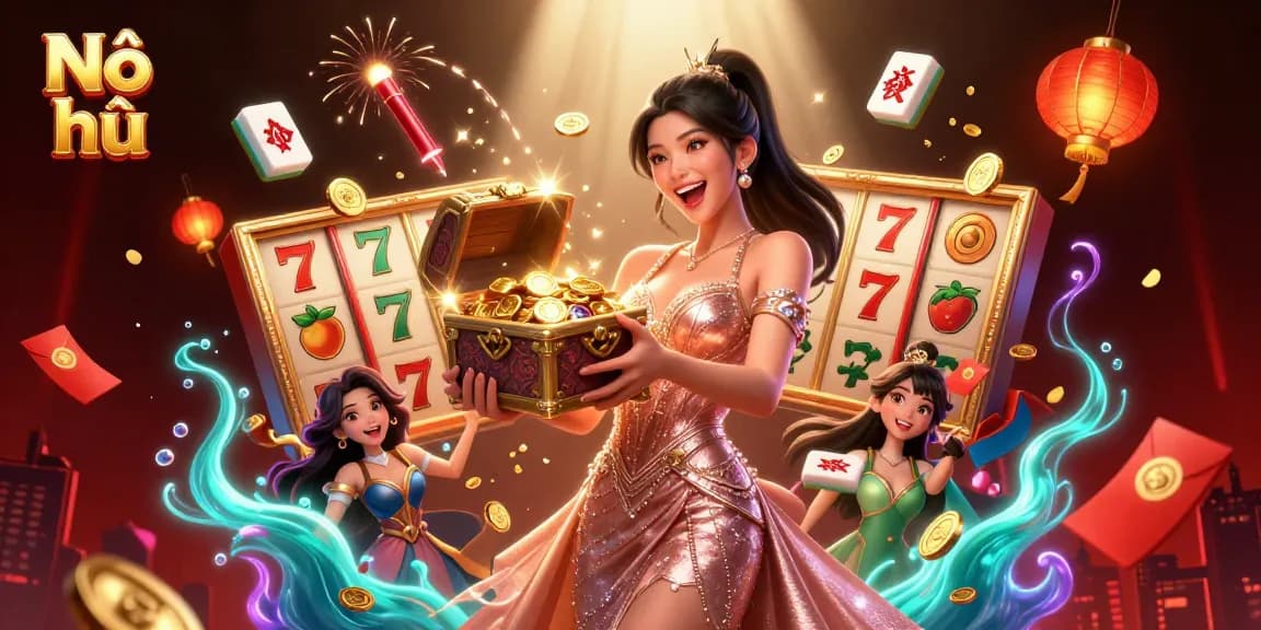 Nổ hũ gaming excitement illustrated with a joyful Asian woman presenting a treasure trove of riches and vibrant casino elements.