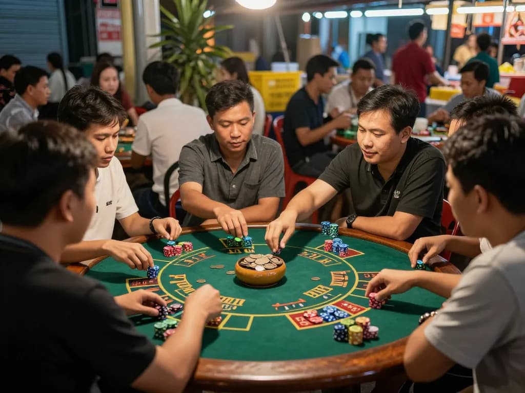 Xóc đĩa players engaging in a traditional gambling game, showcasing vibrant tokens and community spirit