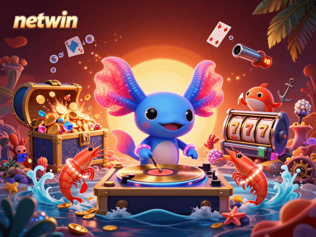 Experience the vibrant underwater world of netwin with a DJ axolotl, dancing shrimp, and colorful casino elements.