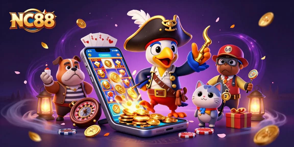 NC88's vibrant casino illustration featuring a pirate captain, bulldog, and cat with rich gaming elements.