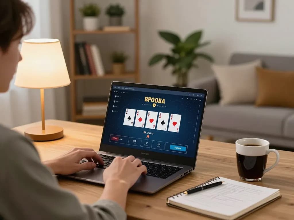 Engaging in online poker gameplay at Canadian online casinos with strategy notes and cozy ambiance.