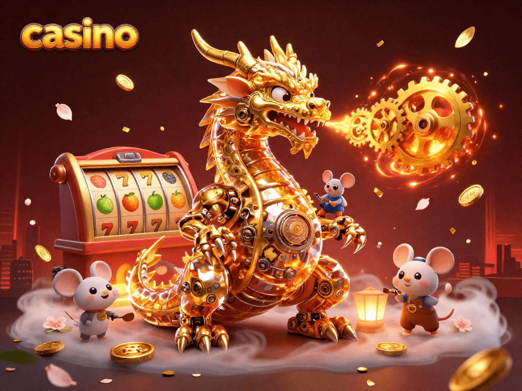 Explore winning strategies at the casino with a golden dragon and slot reels in an engaging 3D scene.