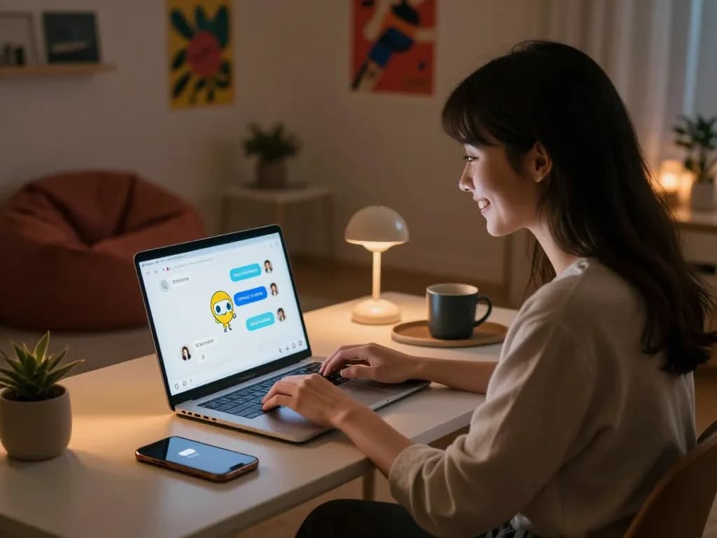 Engaging user interacting with AI chat NSFW character in cozy room setting.