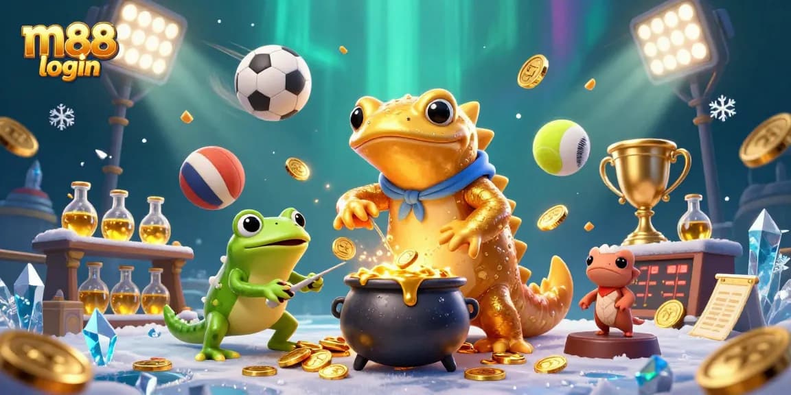 Experience thrilling action at M88 login with a dynamic illustration of gold-transmuting creatures and sports elements.