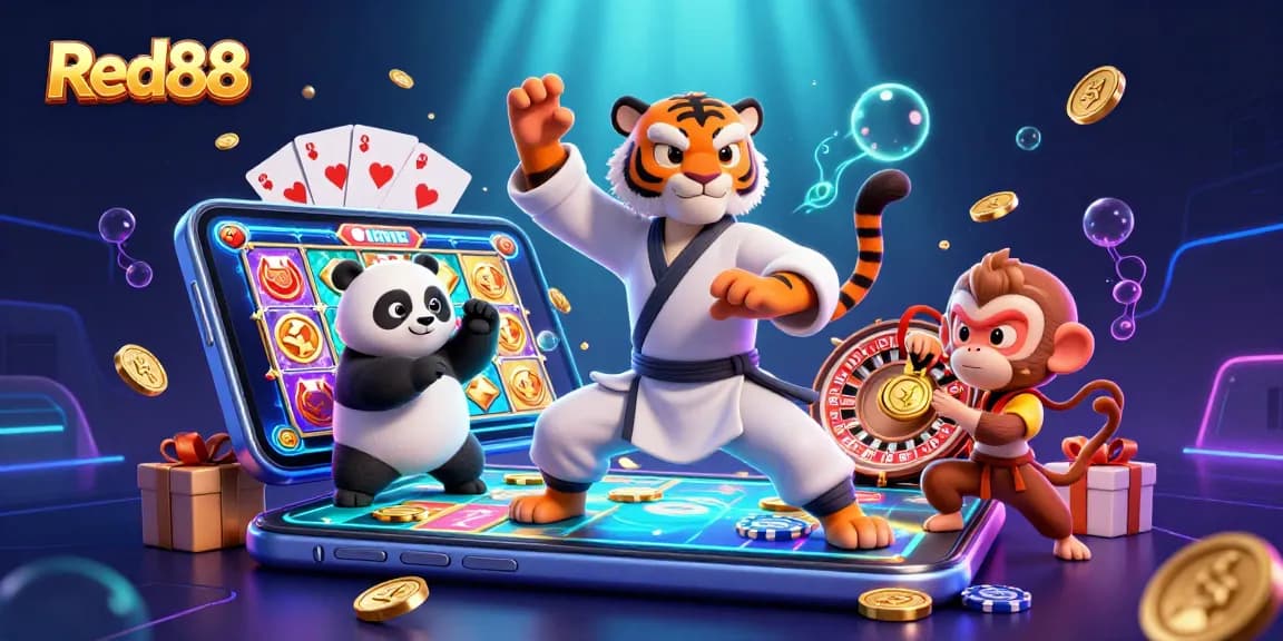 Experience Red88's thrilling gaming scene with colorful slots and energetic characters.