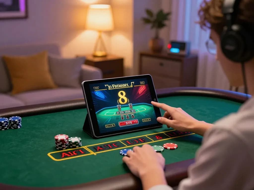 Người chơi tham gia vào trò chơi baccarat trực tiếp trên ứng dụng lucks8, thể hiện việc đặt cược chiến lược và bầu không khí trực tuyến sống động