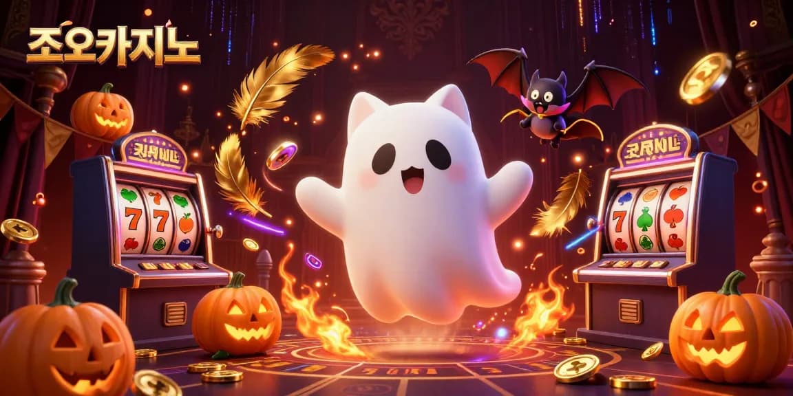 Engage with 조이카지노's thrilling casino atmosphere featuring a playful ghost cat and exciting game elements.