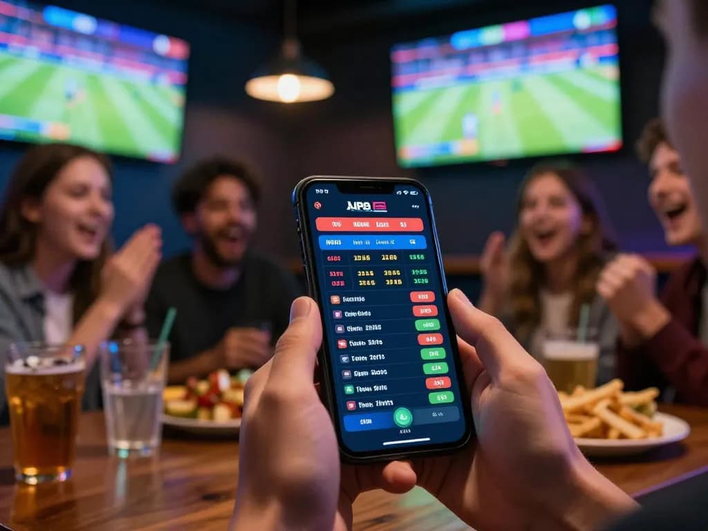 33win user placing live sports bets on smartphone amidst friends in an energetic sports bar