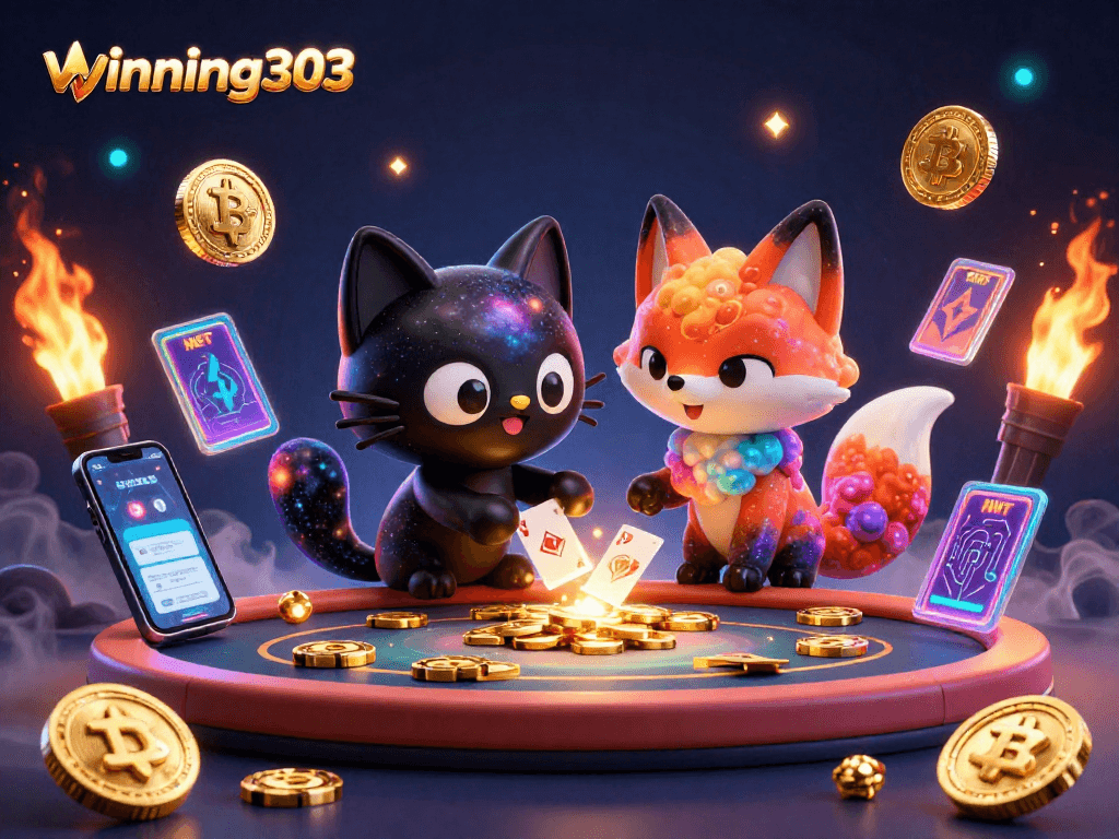 Winning303 invites players to experience a cosmic casino adventure with colorful characters and crypto elements.