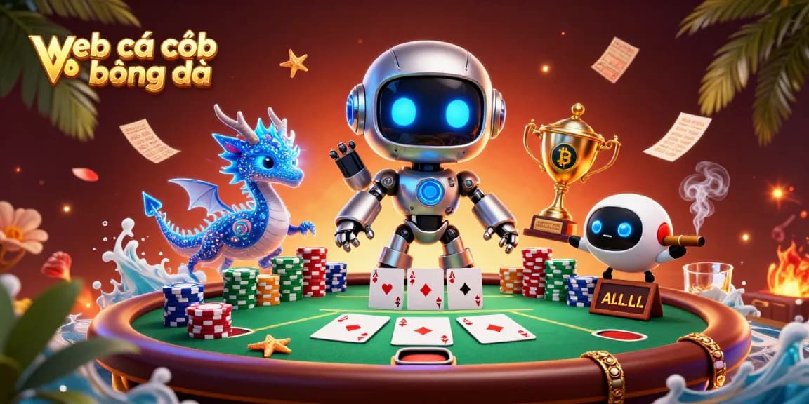 Engage with web cá cược bóng đá while exploring a lively and dynamic sports betting scene featuring a colorful poker setup and vibrant characters.