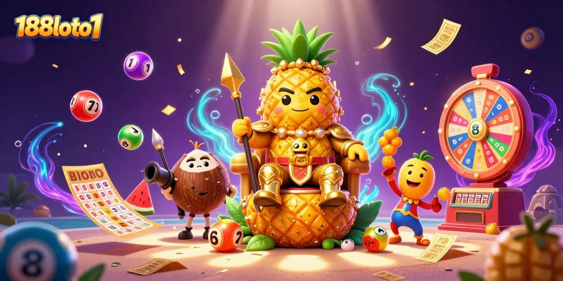 Experience 188loto1 with a vibrant casino scene featuring a golden pineapple king and dynamic game elements.