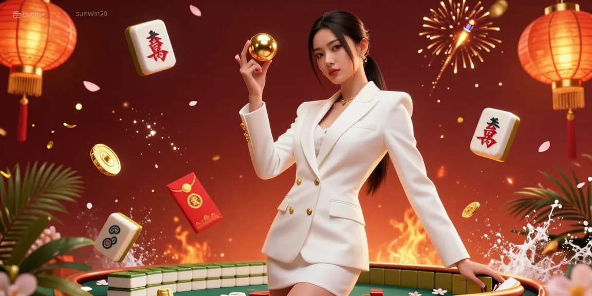 Experience the thrill of sunwin20 with a glamorous gaming scene featuring a confident Asian woman holding a roulette ball.
