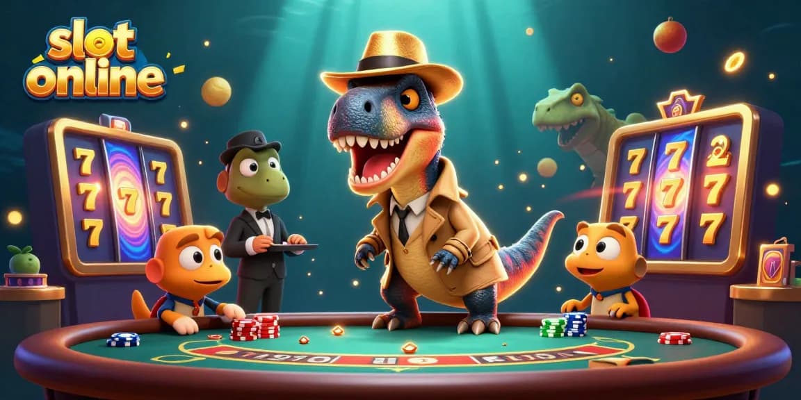 Engaging scene of a velociraptor counting cards at a blackjack table, showcasing slot online elements in a vibrant casino atmosphere.