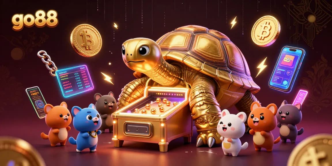 Go88 offers thrilling gameplay with the golden tortoise and crypto elements in a vibrant casino scene.