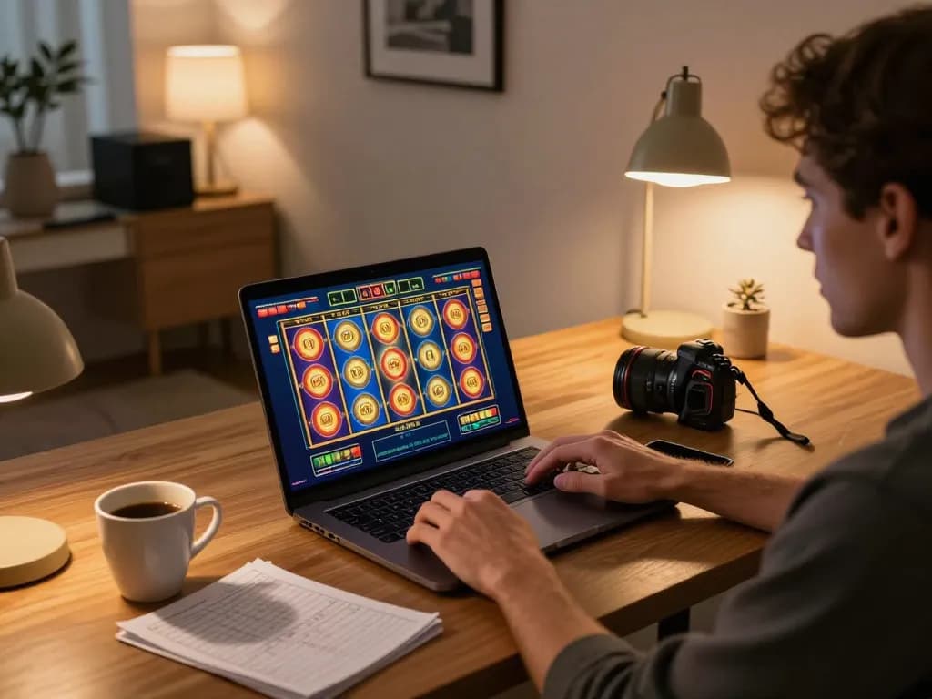 Pengguna terlibat memainkan permainan slot online Ulat123 di laptop modern di rumah, menampilkan suasana permainan yang santai namun strategis.