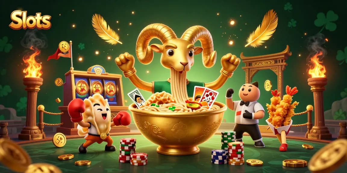 Experience thrilling Slots action with a giant ramen bowl dealer, vibrant characters, and animated gaming elements.
