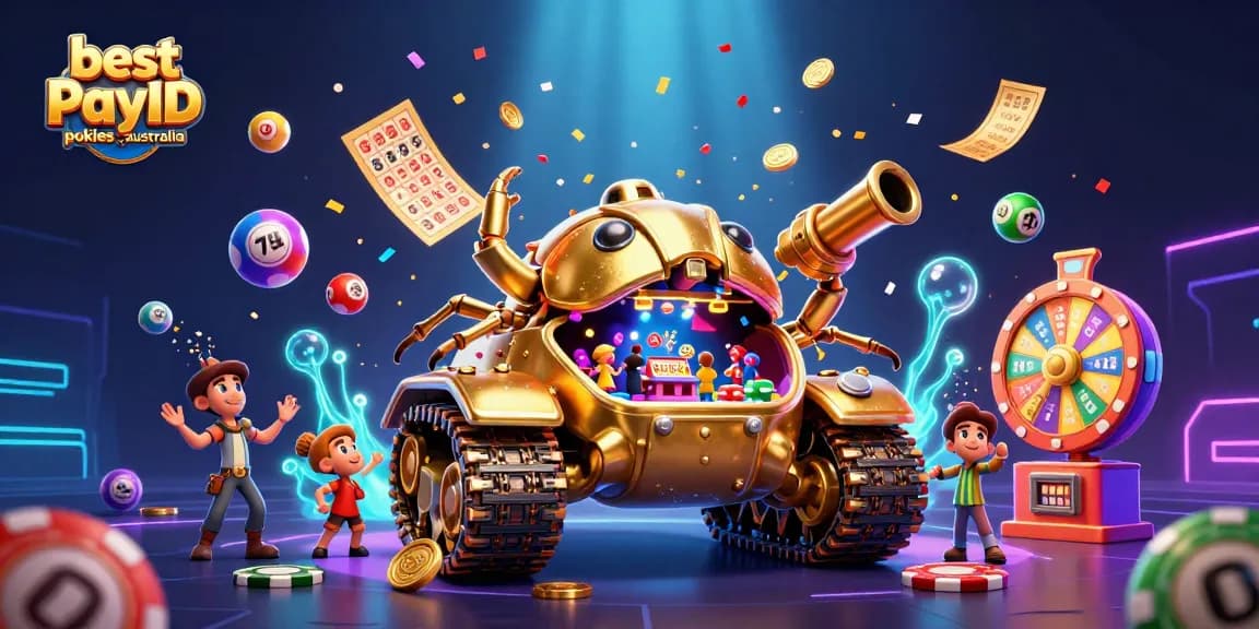 Experience the best PayID pokies Australia with colorful lottery elements, golden tanks, and vibrant casino action.