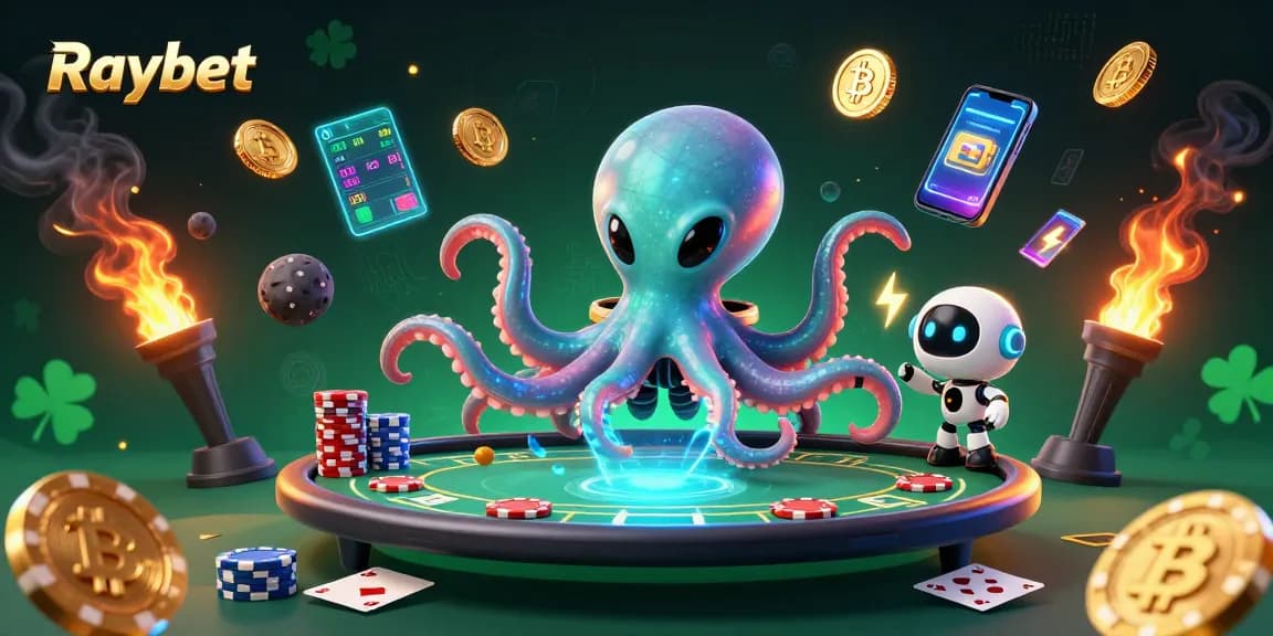 Engage and win at Raybet with a holographic poker table managed by an alien octopus, showcasing vibrant casino elements.