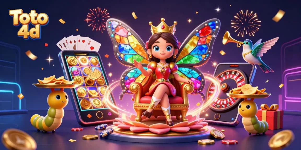 Engage with Toto 4d fantasy world featuring a colorful butterfly queen amidst vibrant casino elements.