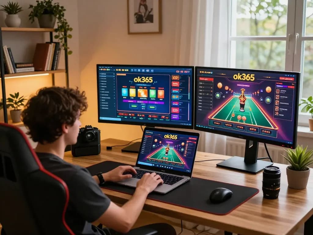 Engaging casino gaming experience on ok365 displayed on multiple screens in a stylish home setup.