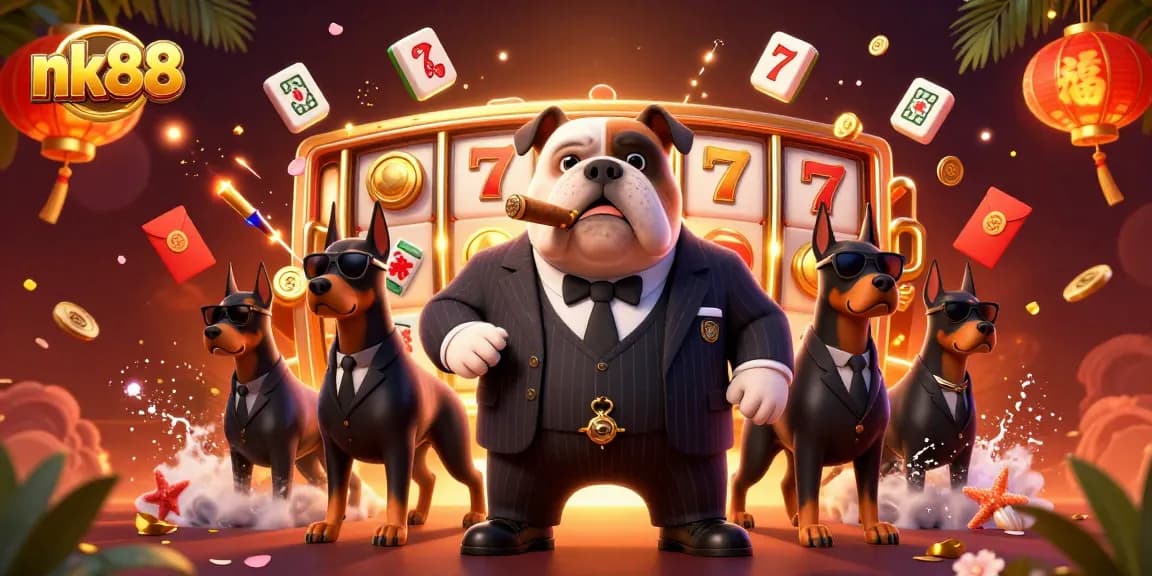 Experience thrilling gaming with nk88, featuring a mafia bulldog leader amidst slot reels and vibrant casino elements!