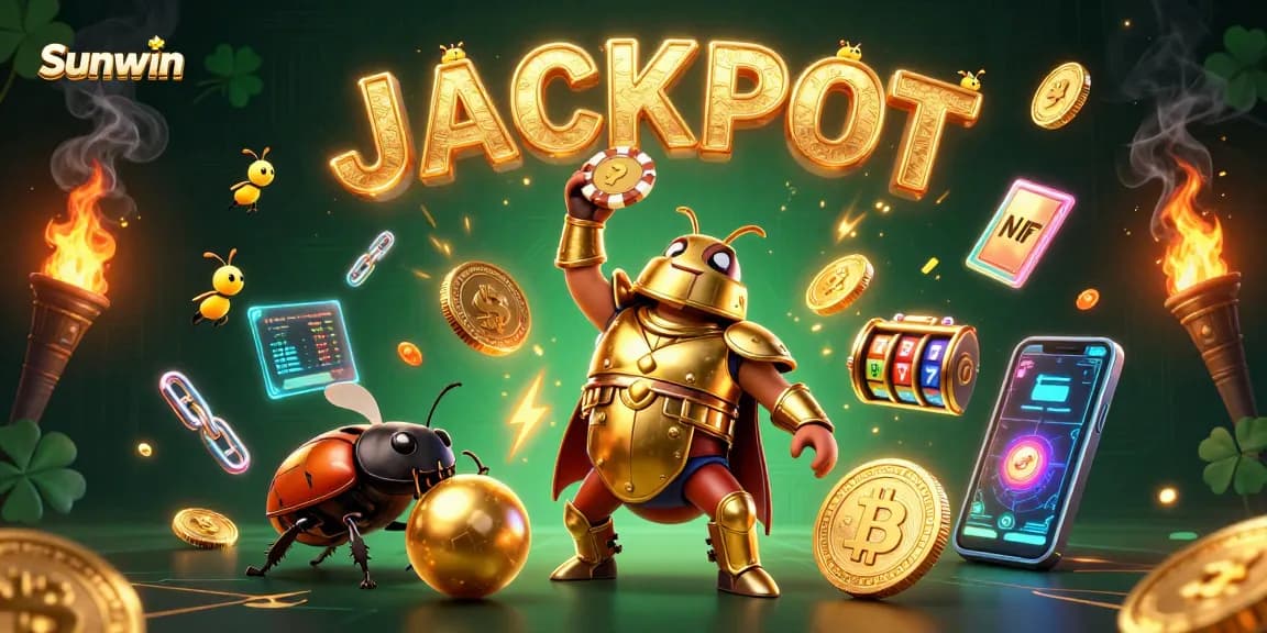 Experience the thrilling Sunwin gaming scene with cartoon beetles and a jackpot celebration.