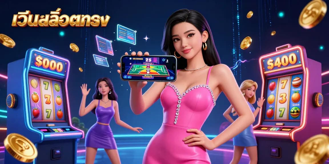 Experience เว็บสล็อตตรง excitement with a confident woman playing a live dealer game in a vibrant casino setting.