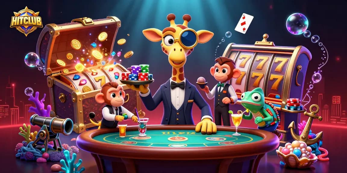Engage in HITCLUB where high-roller giraffes play poker amidst vibrant casino elements.