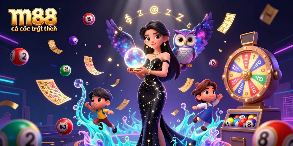 Trải nghiệm m88 cá cược trực tuyến với những quả bóng xổ số đầy năng động và các yếu tố kỳ diệu trong minh họa sống động này.