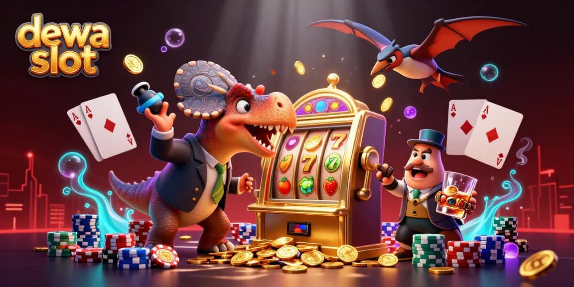 Dewa slot experience illustrated with a pachycephalosaurus winning big with a slot machine while chaos unfolds, showcasing dynamic casino elements