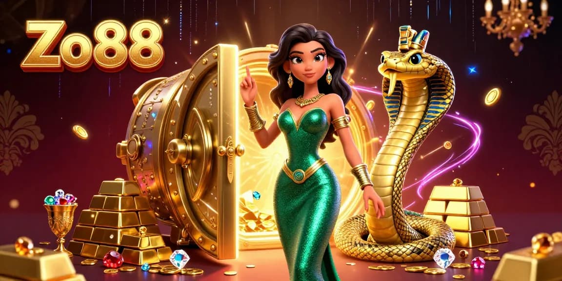 Engage in thrilling gaming with Zo88 as you explore a vibrant, treasure-filled casino scene.