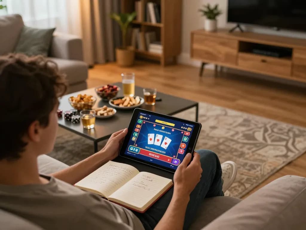 Engaging in ดูหนัง online with a tablet showcasing vibrant casino gameplay in a cozy living room setting