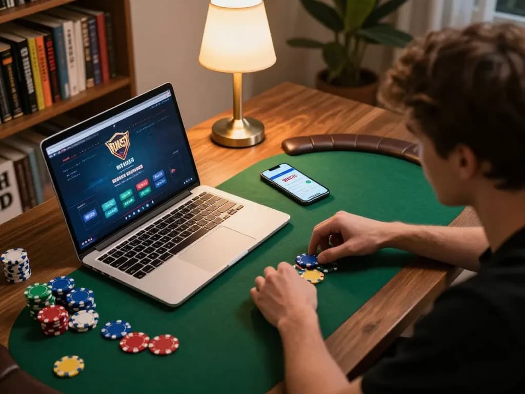 WIN55 app displayed on smartphone while engaging in poker gameplay at home