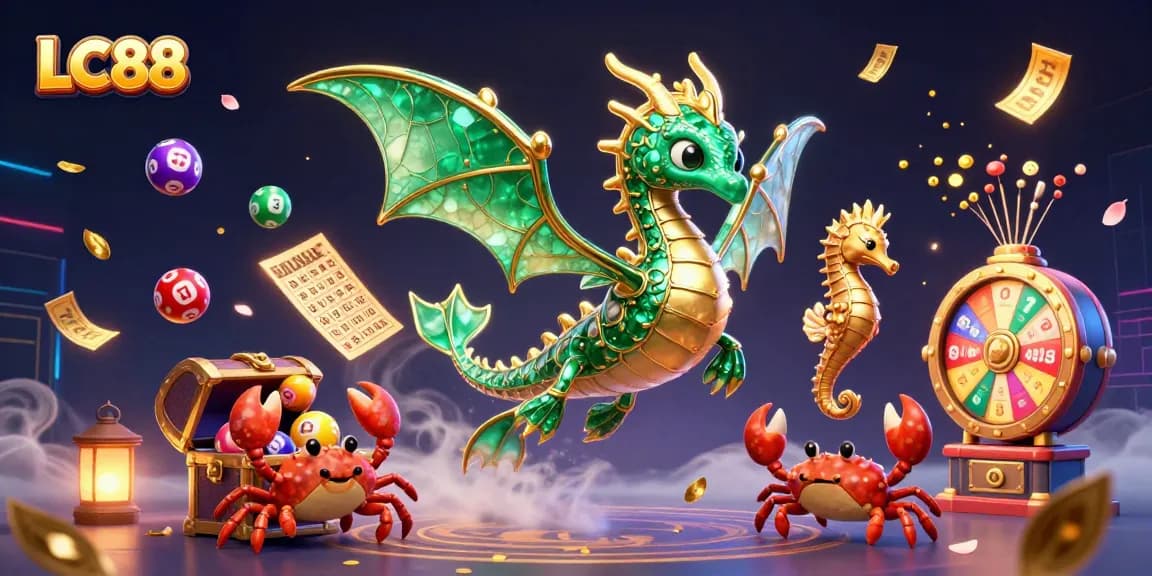 Experience the excitement of LC88 with vibrant lottery elements, a mesmerizing sea dragon, and treasure chest.