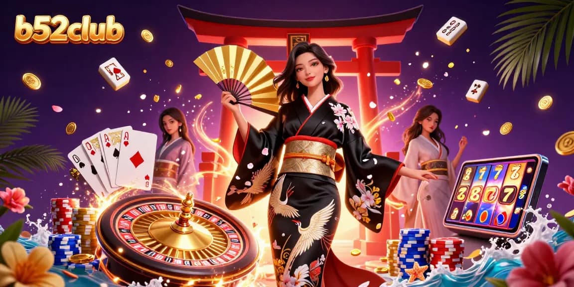 B52club features an elegant Asian woman in a traditional kimono, surrounded by casino elements, offering a lavish gambling experience.